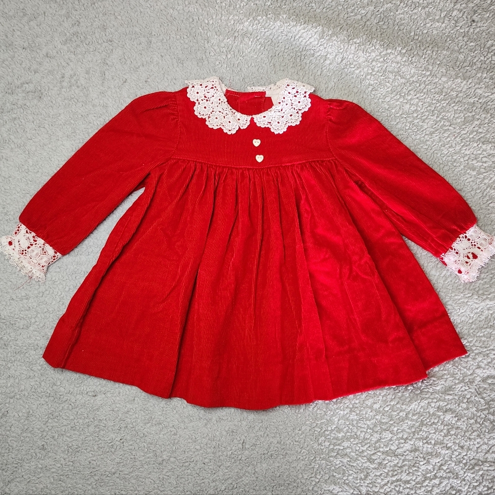Vintage Peaches n Cream Corduroy Red Toddler Dress 2T